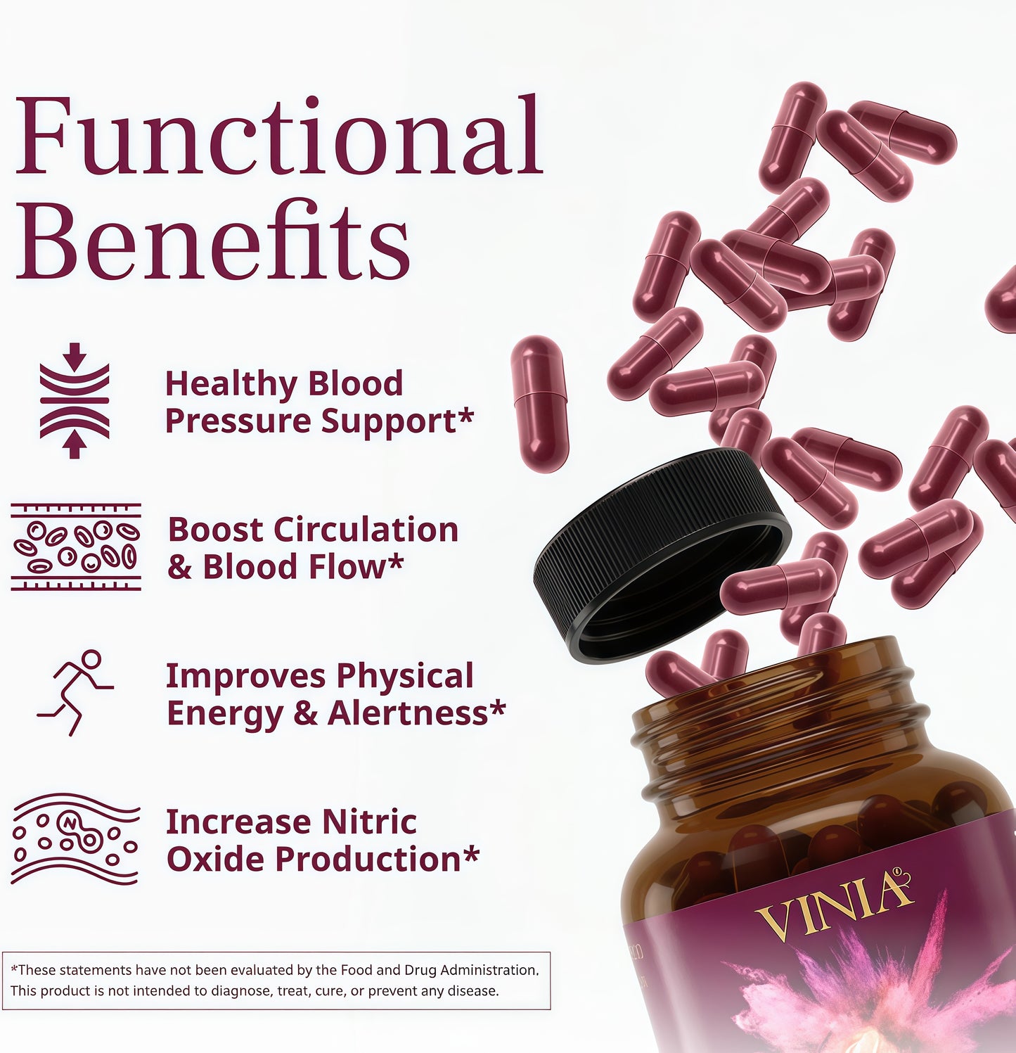 VINIA Blood Flow | Piceid Resveratrol Capsules | Vegan, Non-GMO, 30 Count Heart Health | Healthy Blood Pressure Support* | Nitric Oxide Production | Red Grape Antioxidant Supplement
