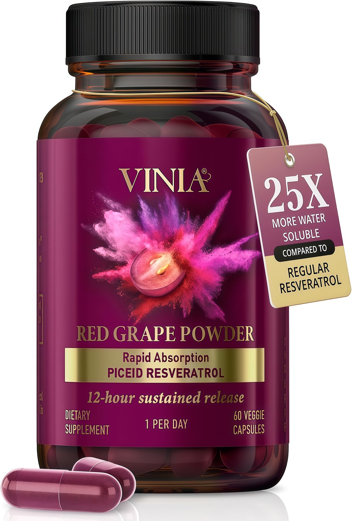 VINIA Blood Flow | Piceid Resveratrol Capsules | Vegan, Non-GMO, 30 Count Heart Health | Healthy Blood Pressure Support* | Nitric Oxide Production | Red Grape Antioxidant Supplement